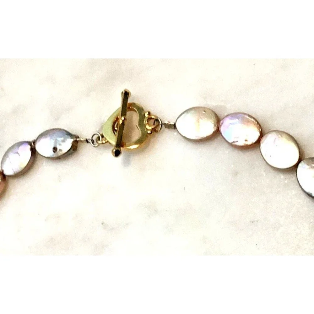 Freshwater Pearl Coin Necklace Pink Gold Green Purple Iridescent Baroque Pearls
